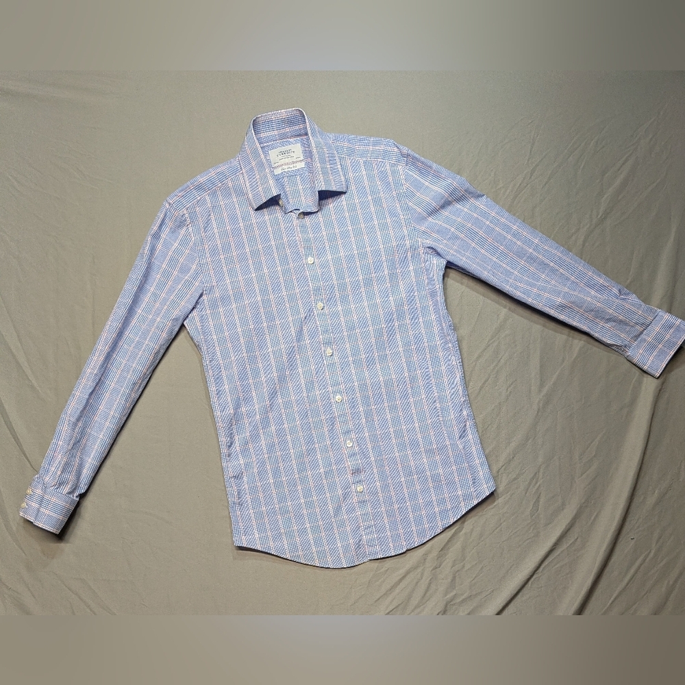 Charles Tyrwhitt Extra Slim Fit Button Front Dress Shirt 15.5/31 Blue Plaid
